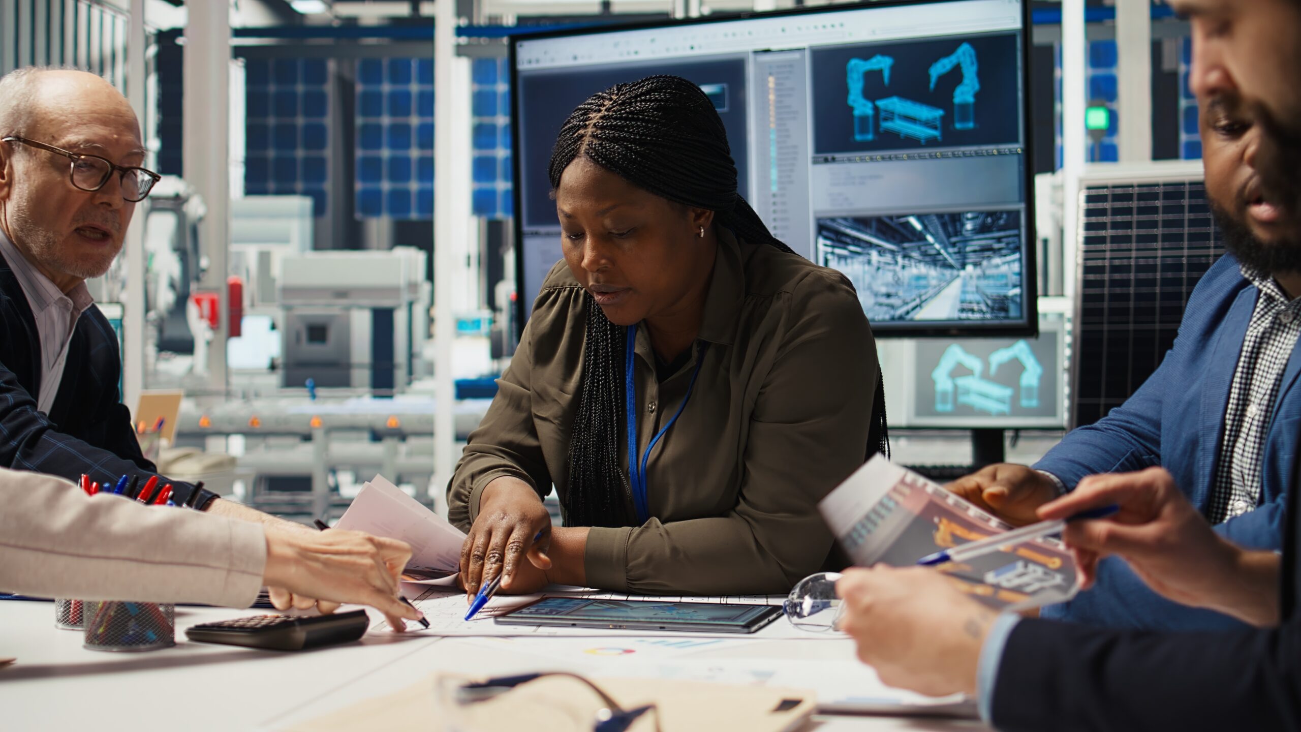 Three people sit around a conference table looking at spreadsheets and forecasts