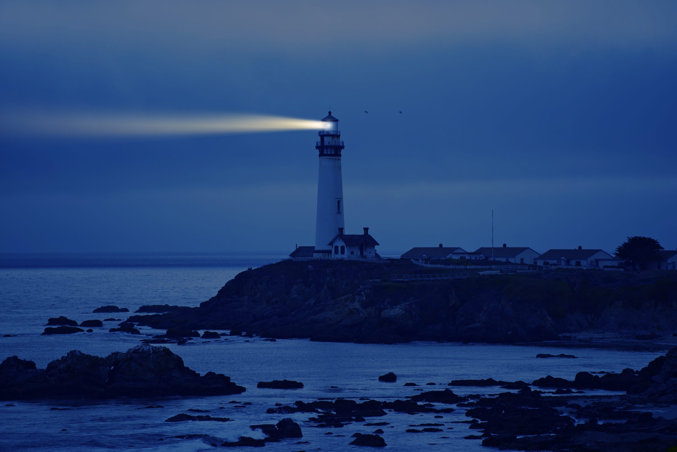Lighthouse in California. Pigeon Point Lighthouse, CA, USA. Pacific Ocean Cost Landscape. Lighthouse at Night.