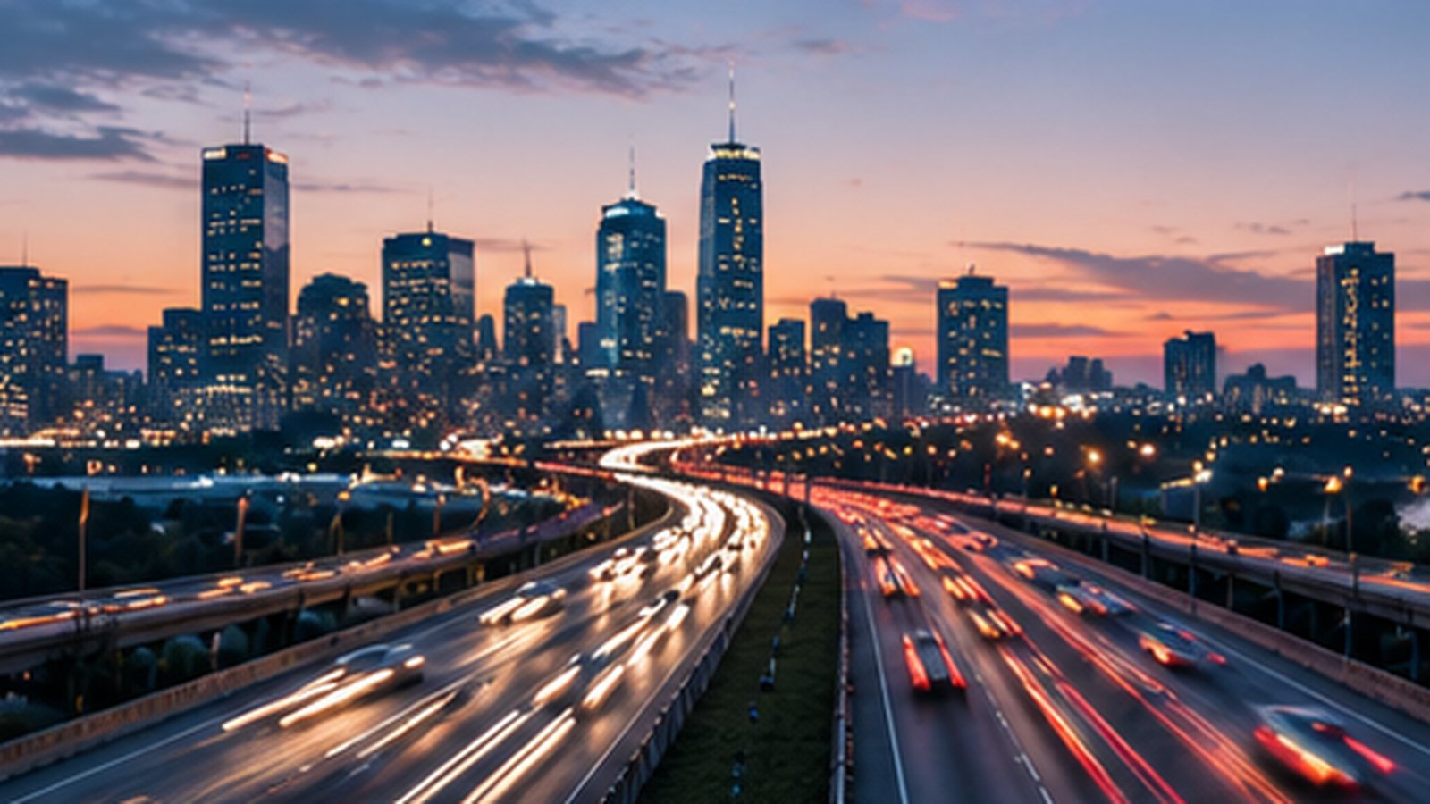 Long exposure of a city expressway at dusk, many light trails layered along the same route