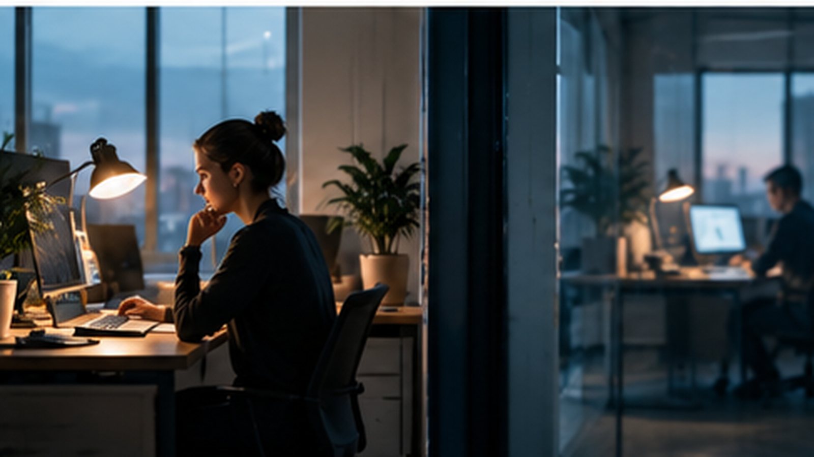 A single lit desk lamp in an open office at dusk with the dark city beyond the windows