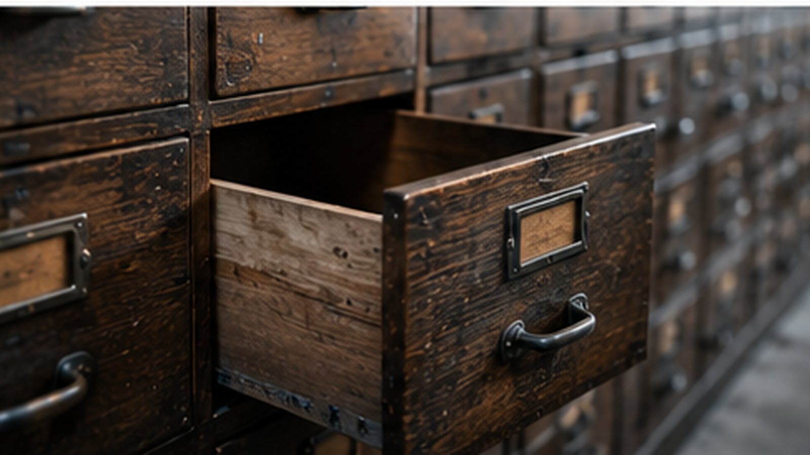 Old wooden filing drawers with one drawer open and empty in clean daylight