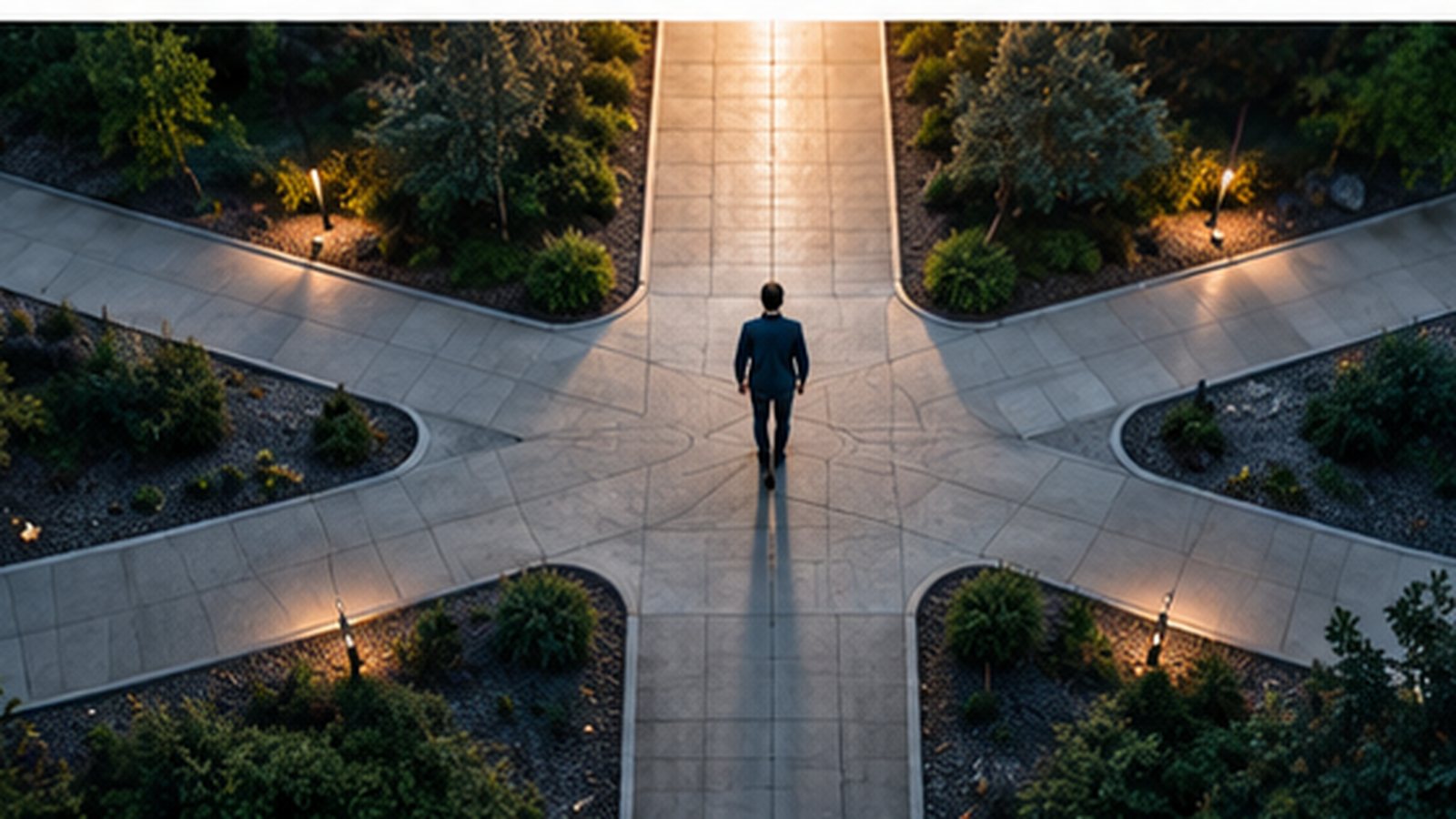 Four separate footpaths merging into a single wide walkway in early morning light