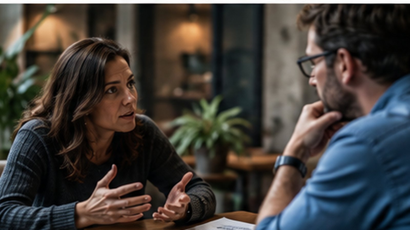 Two colleagues talking across the corner of a table in a warmly lit room, one listening closely