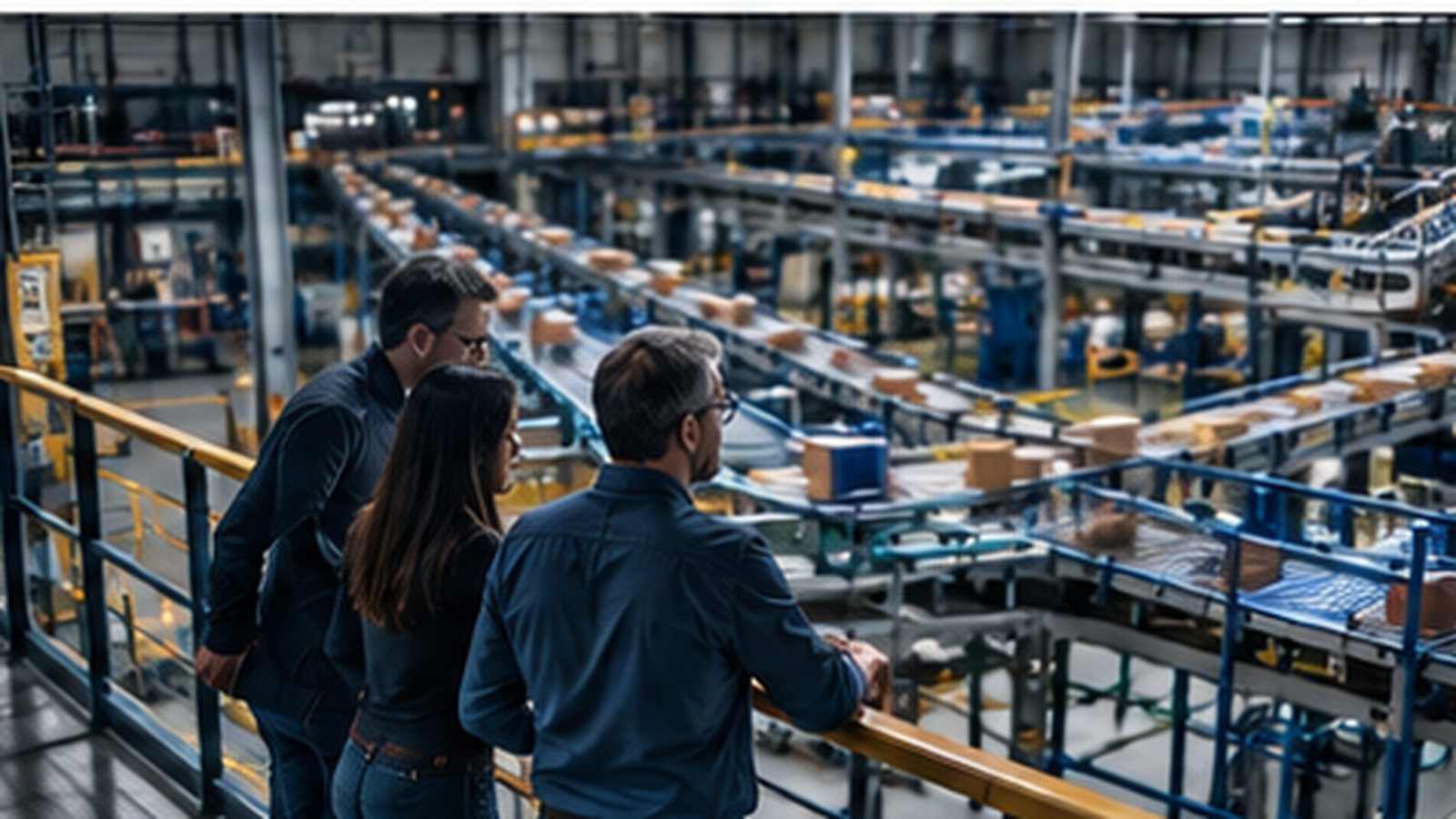 A small group of professionals on a mezzanine walkway watching heavy sorting machinery run below