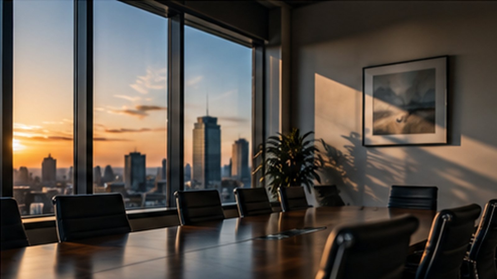 An empty corporate boardroom at dusk with one framed plaque catching the last window light