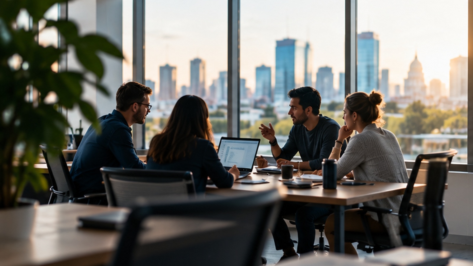 Four colleagues working through a problem together at a table