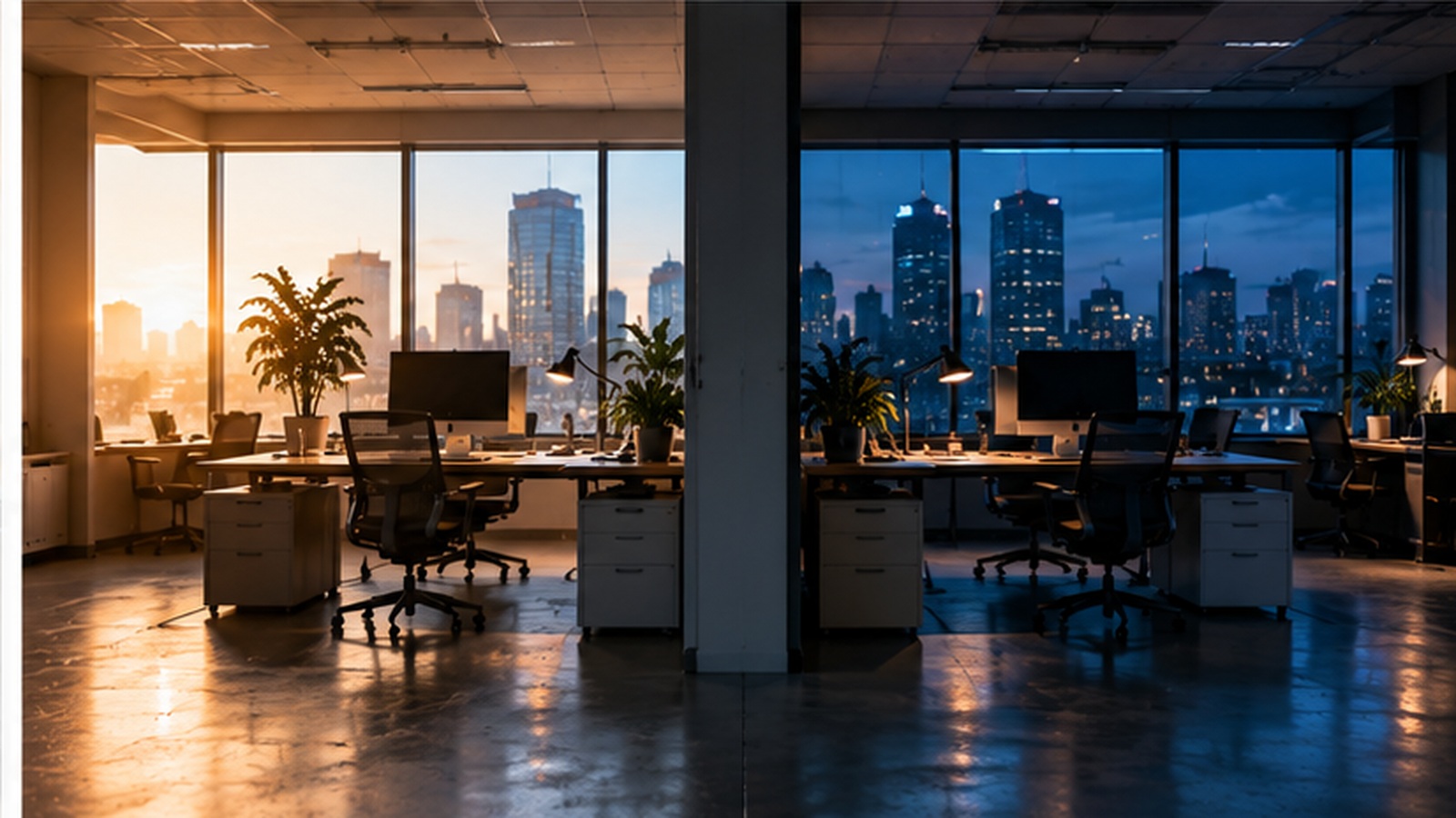 One workspace shown at morning and at evening, side by side