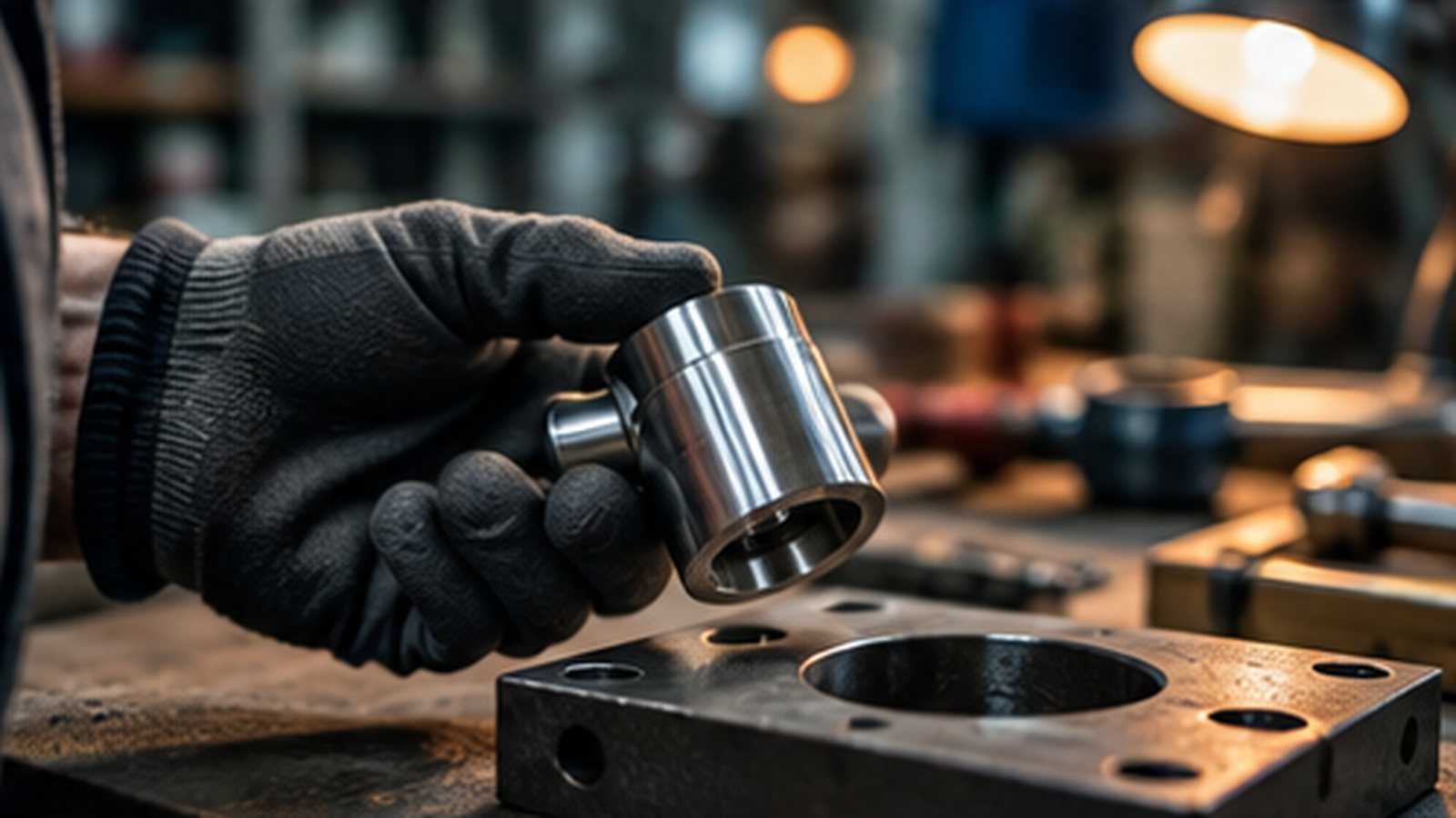 A gloved hand holding a precision machined part that is the wrong size for the assembly on the workbench