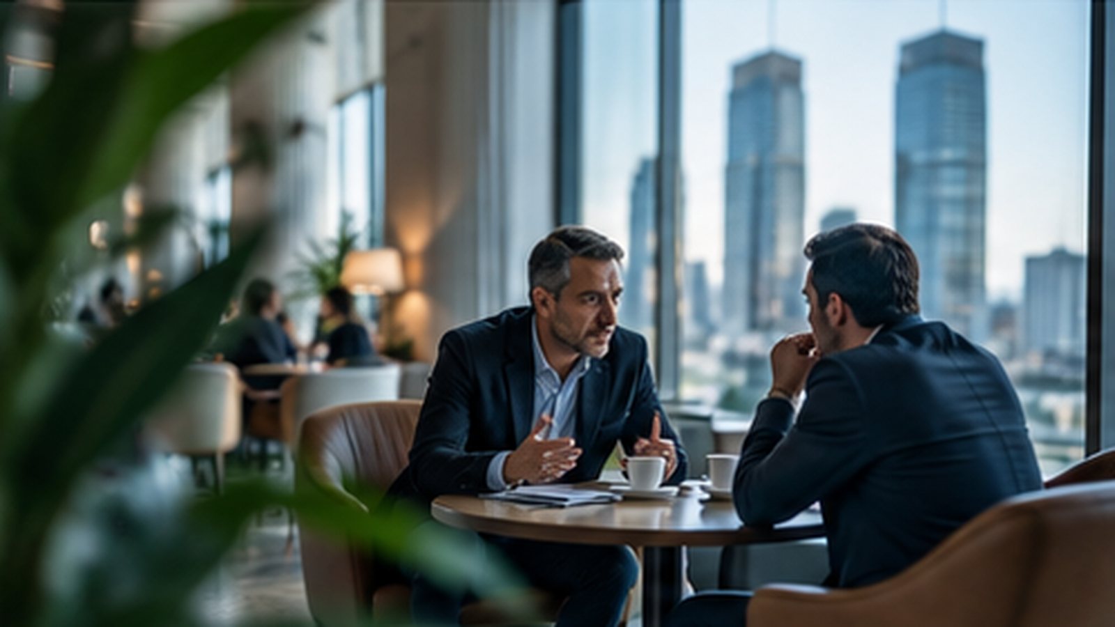 Two business travelers talking over coffee in a hotel lobby with a city skyline behind them