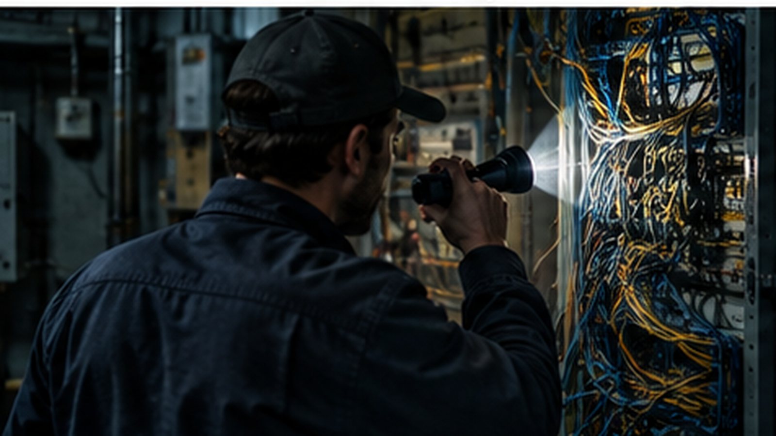 An inspector with a flashlight examining a dense wall of cabling and control panels