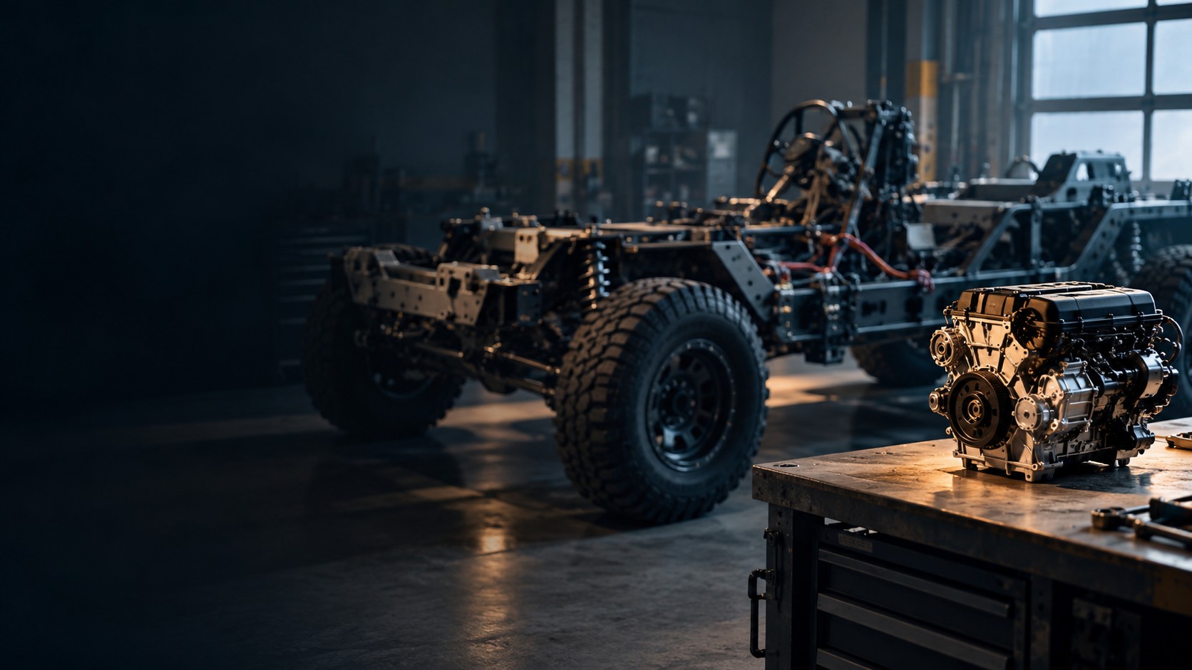 A small engine block on a workbench in warm light beside a much larger bare vehicle chassis in shadow